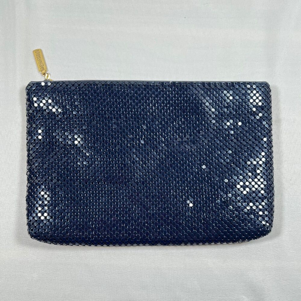 Whiting & Davis International Navy Blue Metal Mesh Zipper Clutch VTG Evening Bag